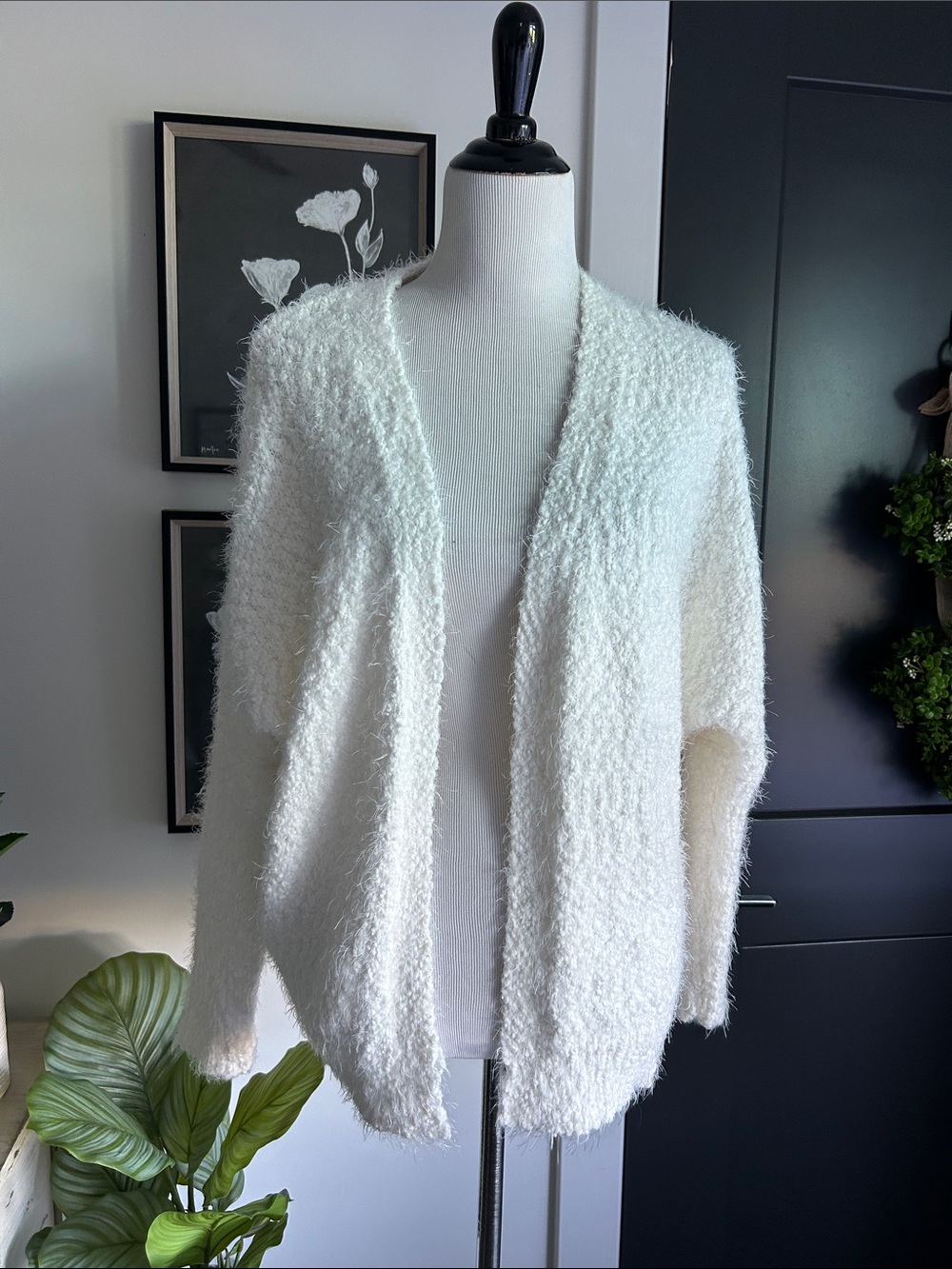 🌺 lovely S Cozy Open-Front White Fuzzy Cardigan stretchy teddy Sweater